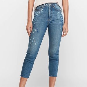Super High Waisted Paint Splatter Raw Hem Mom Jean